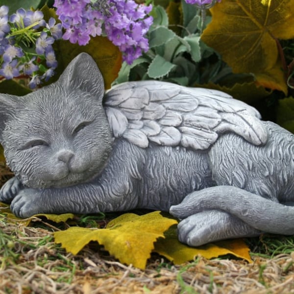 Angel Cat Statue - BIG Sleeping Cat Memorial Garden Sculpture in Solid Concrete