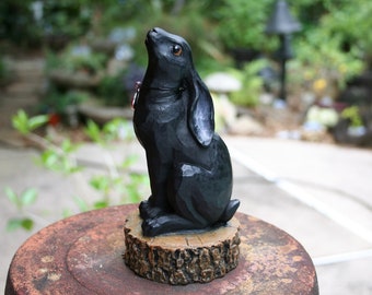 Moon Gazing Hare Statue - "Shadow Hare" - Rare Black Star Gazing Rabbit - Solid Concrete Lunar Garden Hare