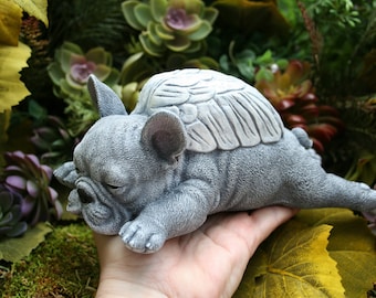 French Bulldog Angel Statue - Sleeping French Bull Dog - Concrete Frenchie Memorial, Dog Angel Statue