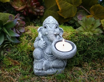 Ganesha Statue - Ganesh with Offering Bowl or Tea Light Candle Holder - Ganpati Diya Deepak Concrete Art - Outdoor Decor