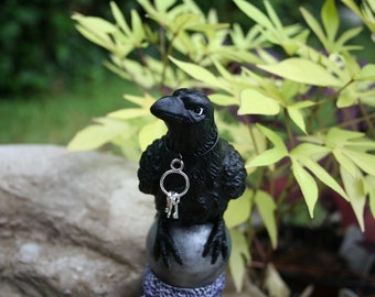 Raven Statue - Wearing 3 Keys Necklace - Unlocking Past, Present & Future - Raven Spirit Animal Totem