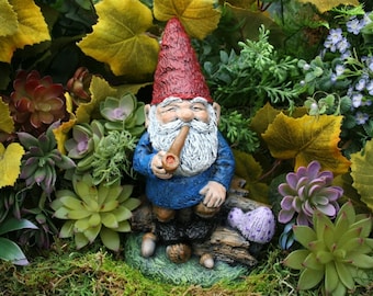 Best Garden Gnome Statue Ever!  Pipe Smoking, Vintage Style, Traditional Colors, Solid Concrete Garden Statue