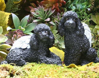 Black Poodle Angel Dog Statue - Miniature or Standard Poodle Concrete Pet Memorial Marker or Urn Companion
