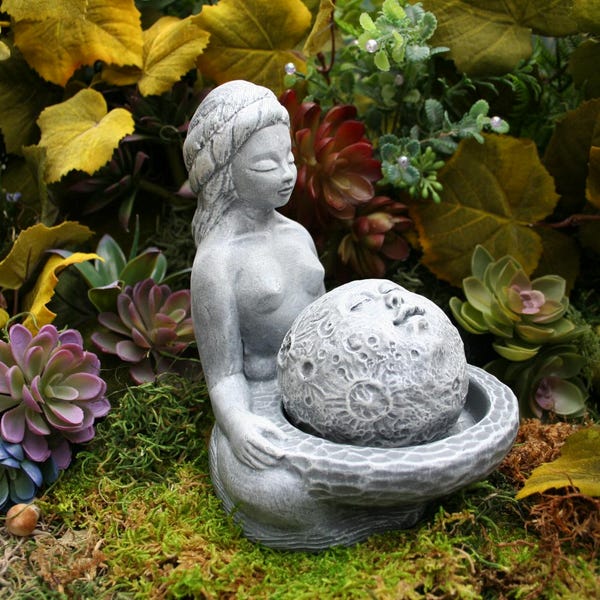Large Moon Goddess Statue - 5 lbs. Solid Concrete Lunar Goddess Offering Sculpture - Moon Gazing Concrete Garden Art