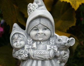 Female Gnome With Baby Garden Gnome & Pet Mouse