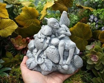 Sleeping Fairy Statue - Sleeping Fairy & Her Pet Mouse - Fairy Garden Concrete Garden Art