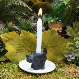 Small Black Cat Chime Candle Holder / Two Piece Set / Witchy Black Cat Familiar or Cat Spirit Animal