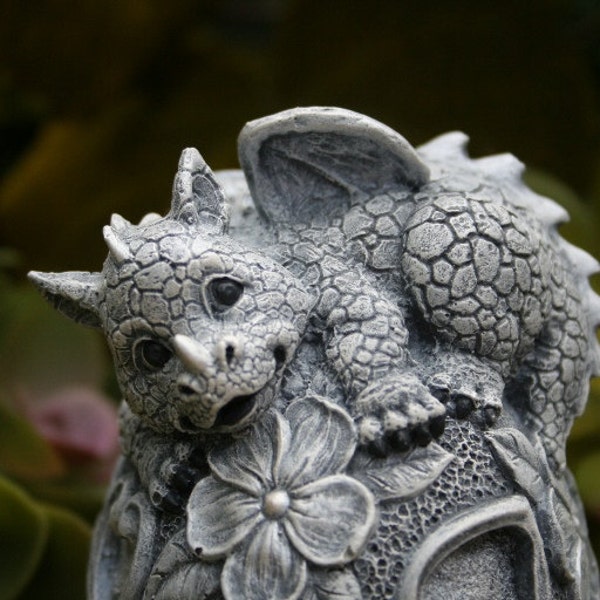 Baby Dragon Statue - "Bella on a Flower Ball" Concrete Dragon for Your Outdoor Fairy Garden Decor - Pet Dragon