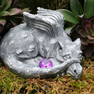 Concrete Dragon Statue  - "Dixie the Dragon" - Shy Baby Dragon Peeks Out From Behind Her Tail - Concrete Garden Statue