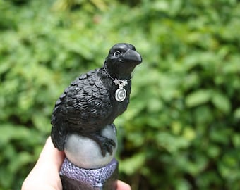 Raven Statue - Wearing Moon & Stars Necklace - Raven Familiar / Spirit Totem - Solid Concrete Black Crow Figurine