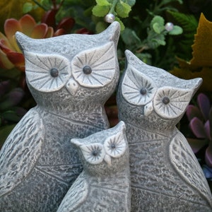 Owl Statues, Concrete 3 Owl Family, Garden Decoration, Stone Indoor or Outdoor Sculpture