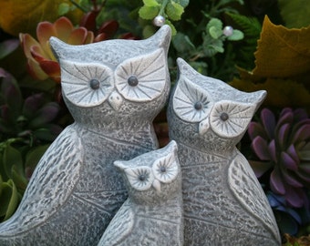 Owl Statues, Concrete 3 Owl Family, Garden Decoration, Stone Indoor or Outdoor Sculpture