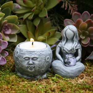 Moon Goddess Statue & Lunar Goddess Offering Dish / Tea Light Holder, Goddess Holding Glass Moon Cabochon 2 Pieces