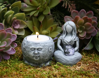 Moon Goddess Statue & Lunar Goddess Offering Dish / Tea Light Holder, Goddess Holding Glass Moon Cabochon 2 Pieces