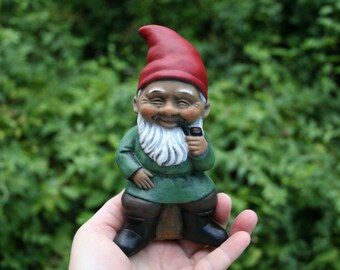 Black Gnome Smoking a Pipe "Homie The Gnomie" - African American Garden Gnome in Solid Concrete