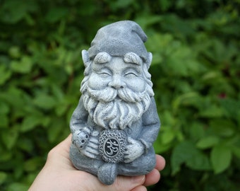 Meditating Garden Gnome Statue - Concrete Yoga Gnome - Zen Gnome Holding Ladybug & Ohm Symbol
