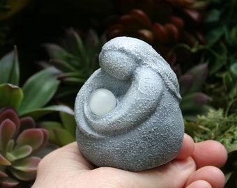 Moon Goddess Figurine - Mini "Selene Statue" - Cradling Genuine Selenite Bead Stone Full Moon In Her Arms