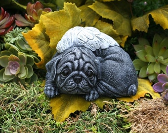 Black Pug Dog Angel Statue - Angel Dog In Solid Concrete - Garden Pet Memorial