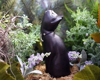 Moon Gazing Cat Statue Lucky "Black Cat" Sculpture