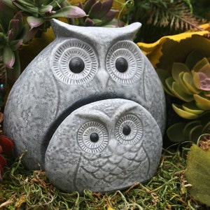 Concrete Owl Statues, Mom & Baby Owlette, Two Piece Owl Family Sculpture, Outdoor Garden Art, Rock Stone Owls