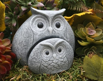 Concrete Owl Statues, Mom & Baby Owlette, Two Piece Owl Family Sculpture, Outdoor Garden Art, Rock Stone Owls