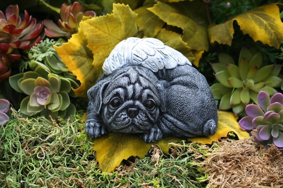 Black Pug Dog Angel Statue - Angel Dog In Solid Concrete - Garden Pet Memorial