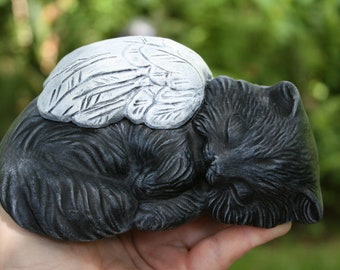 Long Hair Black Cat Angel - Black Cat Angel Statue - Black Persian Statue - Black Cat Memorial