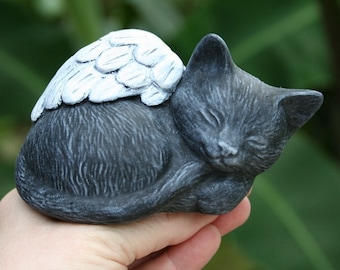Black Cat Angel Statue - Sleeping Black Cat Concrete Pet Memorial For Indoor or Outdoor Use