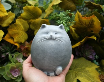 Fat Cat Statue - Abstract Concrete Kitty - Zen Cat - Outdoor Garden Decor