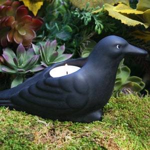 Morrigan's Raven Raven Crow Tea Light Holder, Black Bird Candle Holder, Concrete Statue for Halloween or Prim Decor image 2