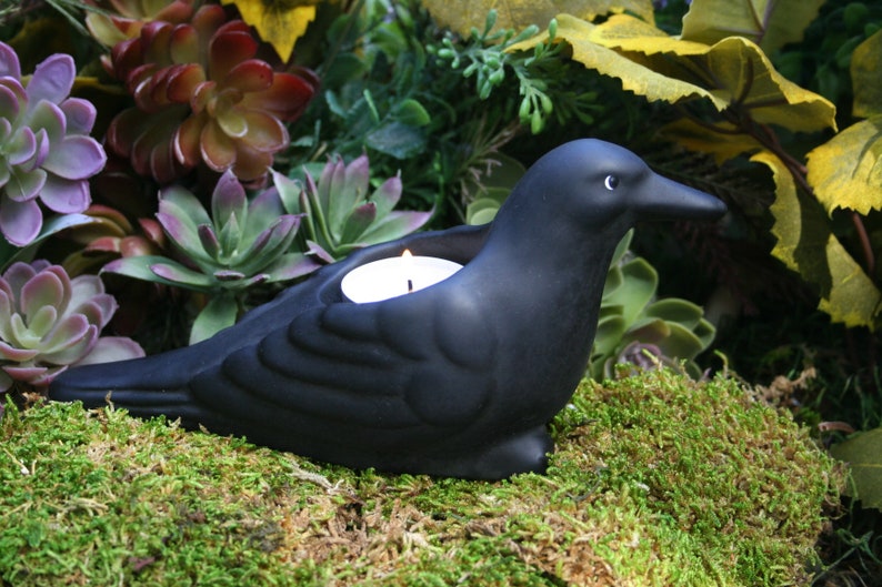 Morrigan's Raven Raven Crow Tea Light Holder, Black Bird Candle Holder, Concrete Statue for Halloween or Prim Decor image 2