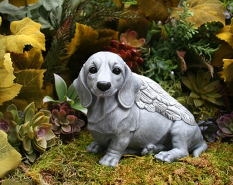 Dachshund Dog Angel Statue - Adorable Doxie Angel Pet Memorial - Concrete Outdoor Garden Decor