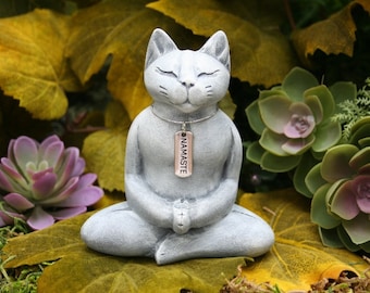 Buddha Cat Statue - Meditating Zen Cat Statue with Namaste Necklace - Yoga Cat Concrete Garden Art