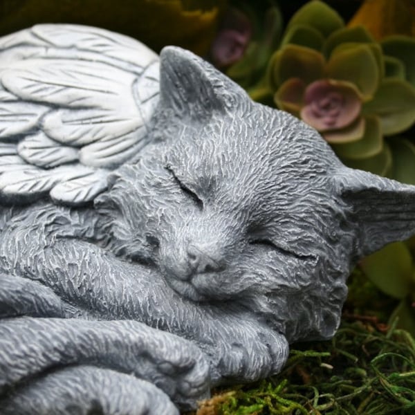 Cat Angel Statue - Sleeping Cat With Long Hair, Maine Coon, Norwegian Forest Cat, Concrete Garden Art, Pet Memorial Sculpture