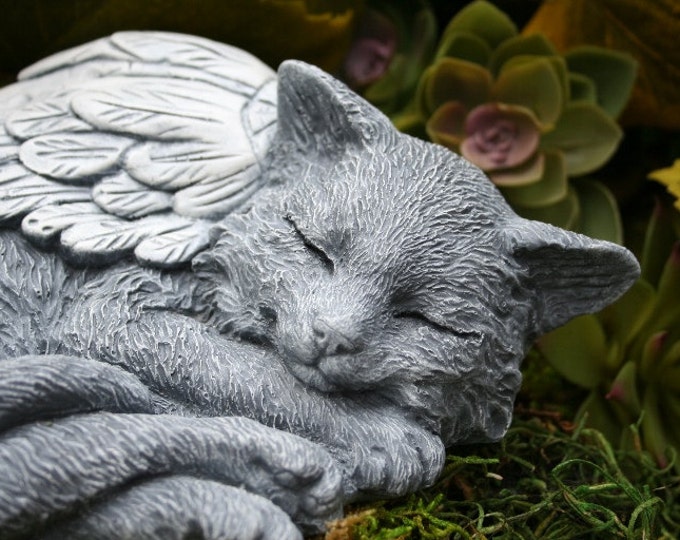Cat Angel Statue Sleeping Cat With Long Hair, Maine Coon, Norwegian Forest Cat, Concrete Garden