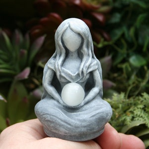 Moon Goddess Statue - "Goddess Selene" - Holding Genuine Selenite Bead Stone Full Moon In Her Arms