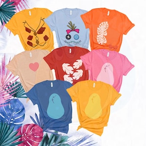 May include: Set of eight t-shirts featuring various characters and designs from the Disney movie Lilo & Stitch. The shirts are in different colors, including yellow, blue, orange, red, pink, beige, and blue. Each shirt has a different design, including Stitch's face, a heart, a flower, and a leaf.