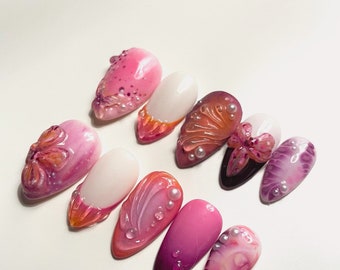 Fairycore Short Almond Y2K Flower Press On Nails - Lila Orange Nägel - Blütendetail Press On Nails - Handbemalte Nägel