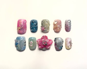 Erdige Orchidee kurze quadratische Presse auf den Nägeln | Natur Thema Nägel | Orchidee Nägel | Drücken Sie auf die Nägel Handmade | Handgemalte 3D Nägel