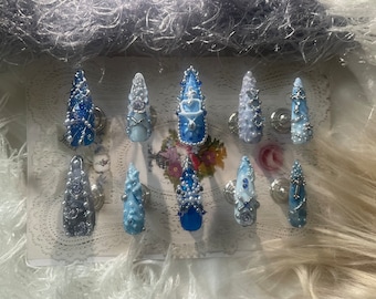 Gothic Paradies Kuss Thema lange Stiletto Press On Nails - Anime Design Nägel - Blaue Y2k Nägel - Handgemachte Press Ons - Y2k Goth