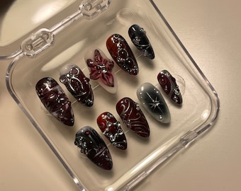 Benutzerdefinierte Dark Y2k Blume Drücken Sie auf die Nägel | Handgefertigte Presse auf Nägel | Drücken Sie auf die Nägel Y2k