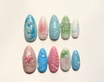 Fairycore Pastel Almond Flower Drücken Sie auf die Nägel - Pastel Nails Flower - Fairy Nails - Sanftes Pressen auf den Nägeln - koreanische Press-On-Nägel