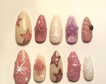 Fairycore soft mandel Handbemalte Presse auf den Nägeln | Blumen Thema Nägel, Fairy Custom Press Ons - Pastell Rosa Weiß Nägel | Sommer Nägel