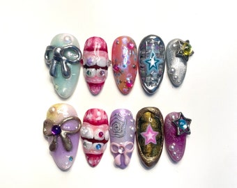 Y2k Almond Handbemalte Press On Nägel | Zahn Edelstein Nägel, Hip Custom Press Ons - Lackierte Press Ons