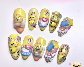 Süße Chiikawa Usagi Pink Y2K Press On Nägel - Anime Thema Nägel - Pastell Nägel - Handgemachte Press Ons - 3D Presse auf den Nägeln