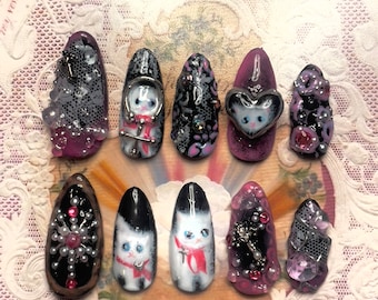 Gothic Pink Katze Mandel Drücken Sie auf die Nägel - Tier Thema Nägel - Pinke Y2k Nägel - Handgemachte Press-Ons - Y2k Nägel Goth