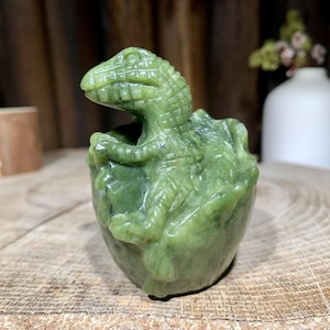 2.5&quot; Natural Olive Jade Dinosaur Egg Carving, Gemstone Tyrannosaurus Figurine Decor, Healing Crystal Animals Home Decor, Crystal Gifts.
