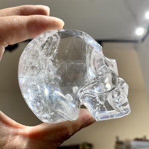 Rare! Natural Hand Carved Clear Quartz Skull Carving, White Crystal Skull Carving, Quartz Skull Figurine Decor, Healing Crystal Home Decor.