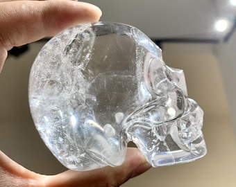 Rare! Natural Hand Carved Clear Quartz Skull Carving, White Crystal Skull Carving, Quartz Skull Figurine Decor, Healing Crystal Home Decor.