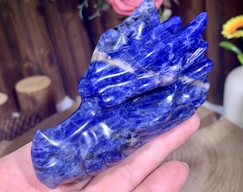 Gorgeous! Natural Sodalite Dragon Skull Carving, Blue Gemstone Figurine, Natural Crystal Home Decor, Healing Crystals Gifts.Random 1PC